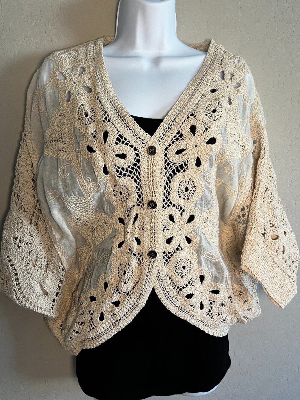 POL ONE Here's Hoping Cream Color Crochet Cardigan Open Size NWOT